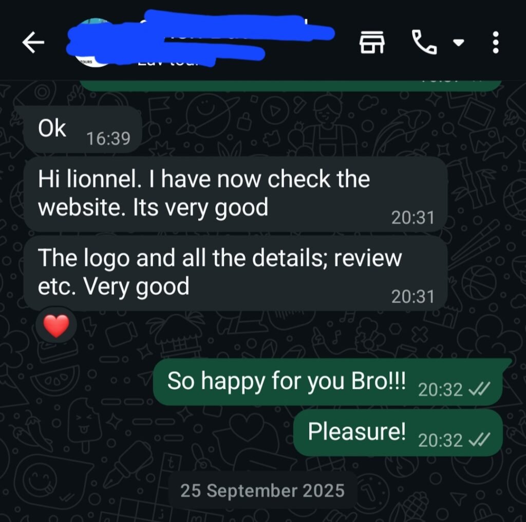 5-star client review praising fast website delivery and results