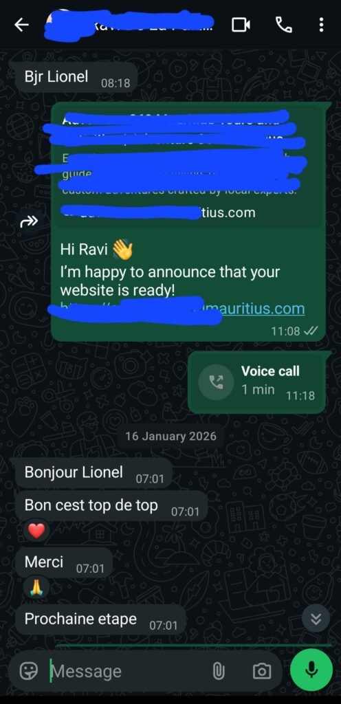 Customer testimonial screenshot rating web design work in Mauritius
