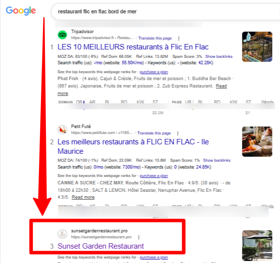 Google search results showing Sunset Garden Restaurant ranked in the Top 3 for the keyword "restaurant Flic en Flac bord de mer", demonstrating successful local SEO performance.