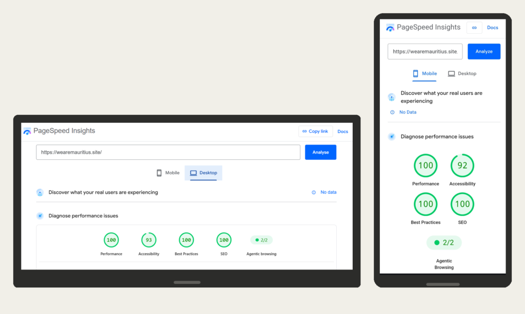 Business website Mauritius on laptop and mobile, real PageSpeed score verified live