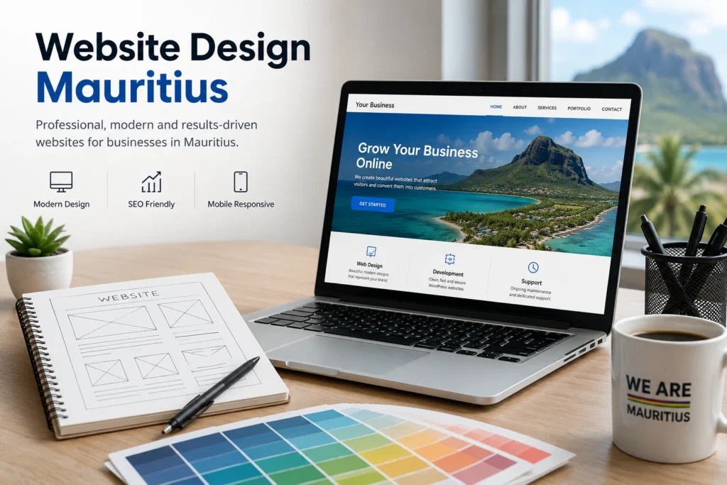 Professional website design workspace in Mauritius with a laptop displaying a modern business website and design sketches.