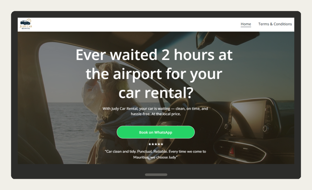 Judy Car Rental homepage on desktop, website built in Mauritius