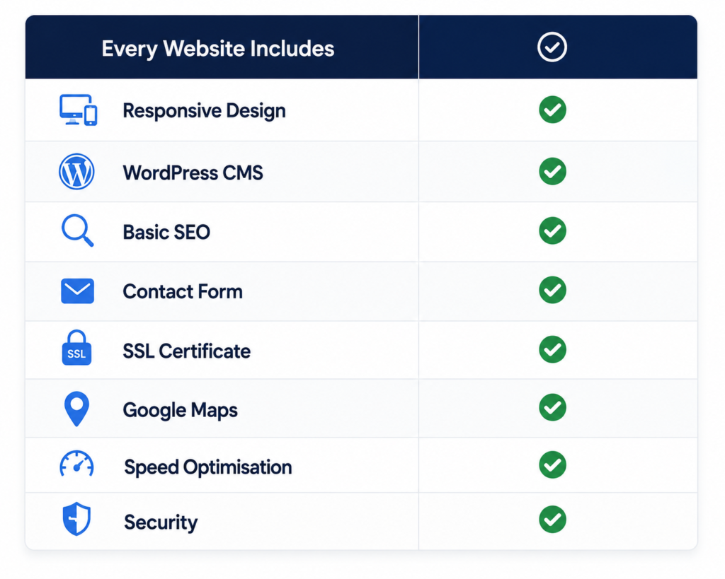 Table showing the features included with every website built, including responsive design, WordPress CMS, basic SEO, contact form, SSL certificate, Google Maps integration, speed optimisation, and website security.
