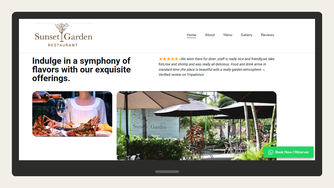 Sunset Garden restaurant website homepage on desktop, built in Mauritius