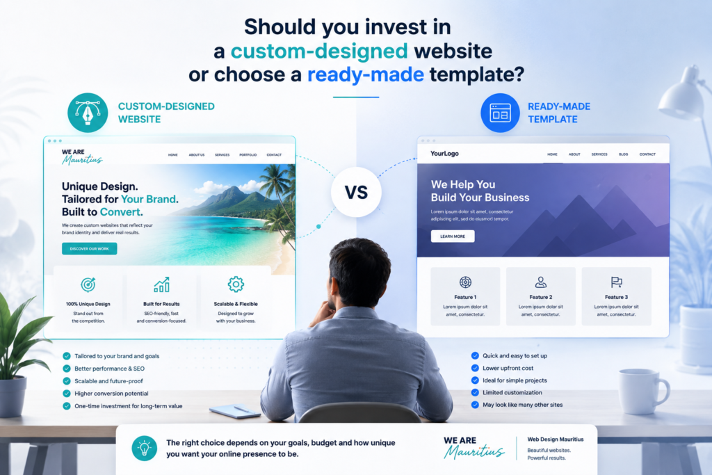 Web design Mauritius comparison illustration showing a custom-designed website versus a ready-made website template, helping businesses in Mauritius choose the best web design solution based on branding, SEO, performance, flexibility, and long-term growth.