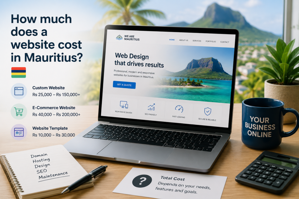 Modern illustration showing the cost of website design in Mauritius, with a laptop displaying a business website, pricing ranges for custom, e-commerce, and template websites, a calculator, and a tropical Mauritius backdrop.