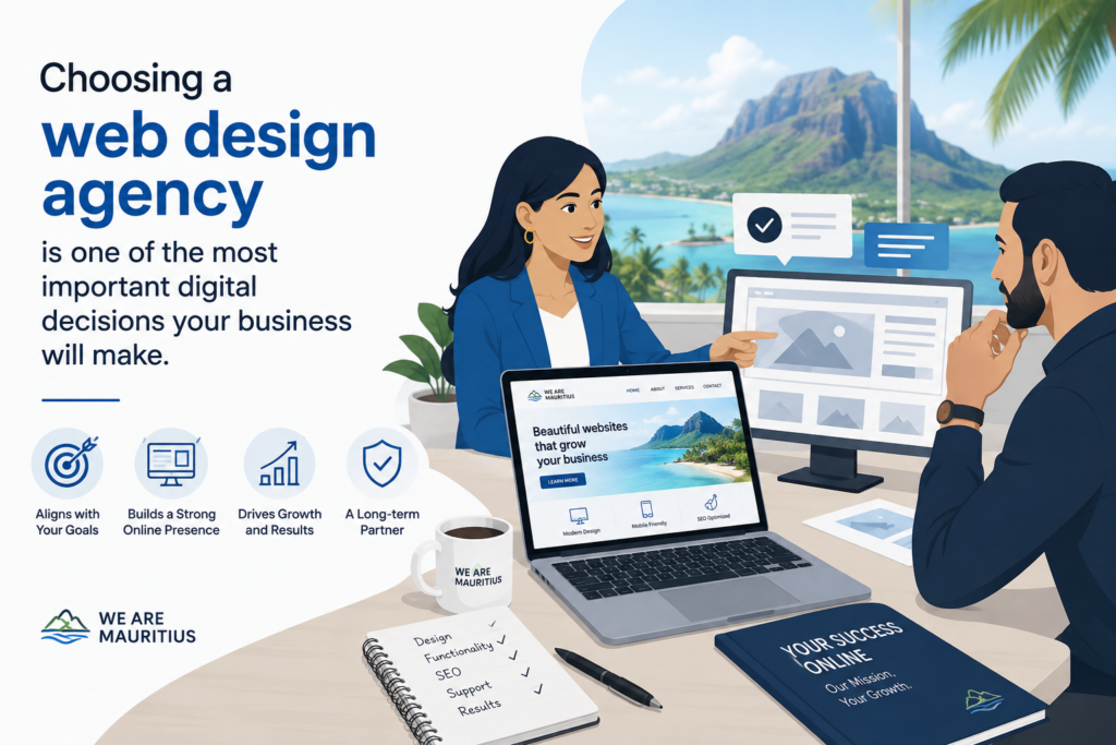 Professional illustration of a web design Mauritius agency meeting with business owners to discuss website strategy, responsive web design, branding, user experience, and digital growth in Mauritius.