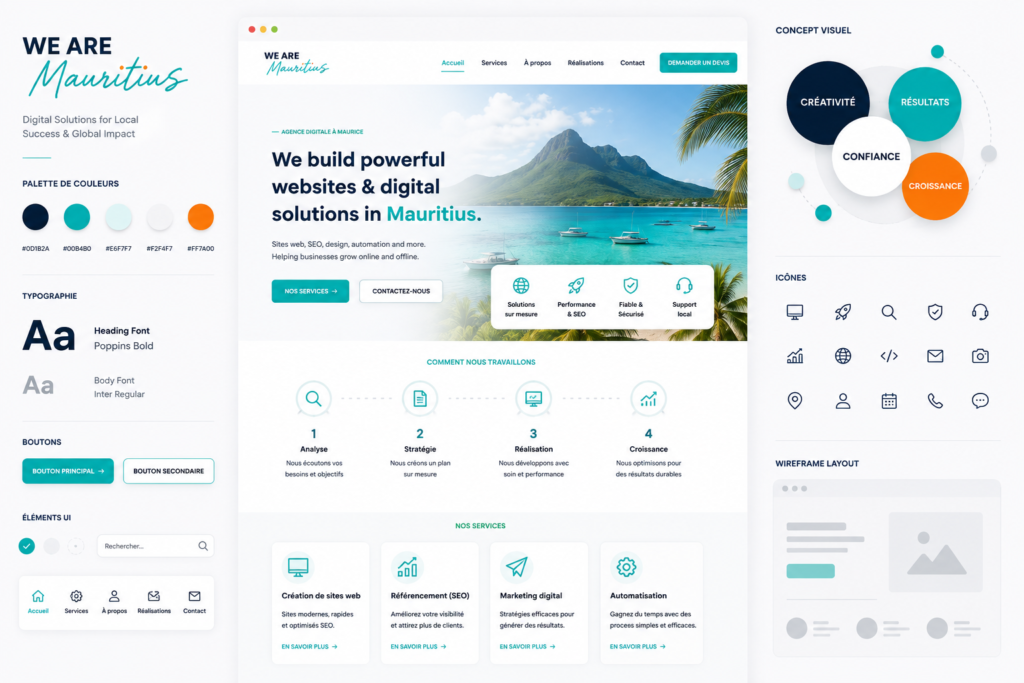 Web design Mauritius mockup showcasing a modern website design concept by We Are Mauritius, featuring a homepage wireframe, UI components, colour palette, typography, branding elements, and responsive web design for businesses in Mauritius.